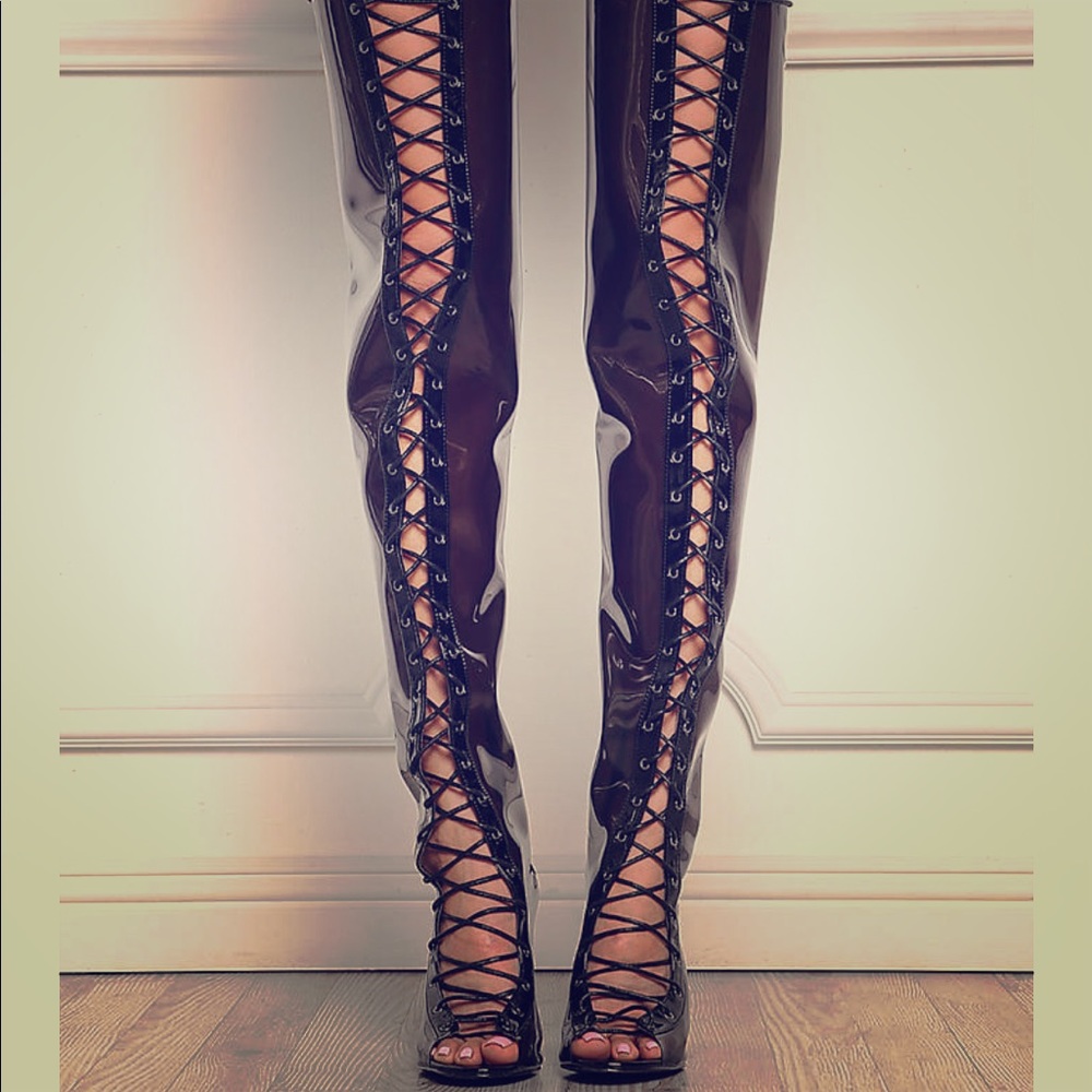 Thigh High Perspex Lace-Up Heeled Boots